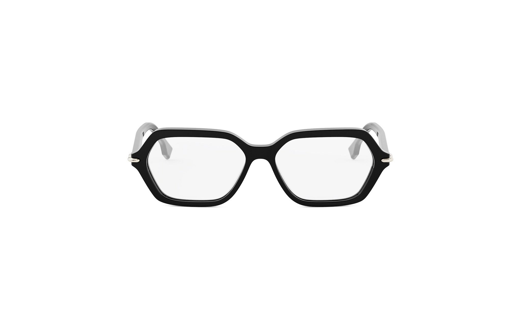 A pair of black-framed glasses with clear lenses, set against a white background.