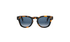 A pair of tortoiseshell sunglasses with dark blue lenses against a white background.