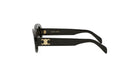 A pair of black sunglasses with a gold logo on the frame.