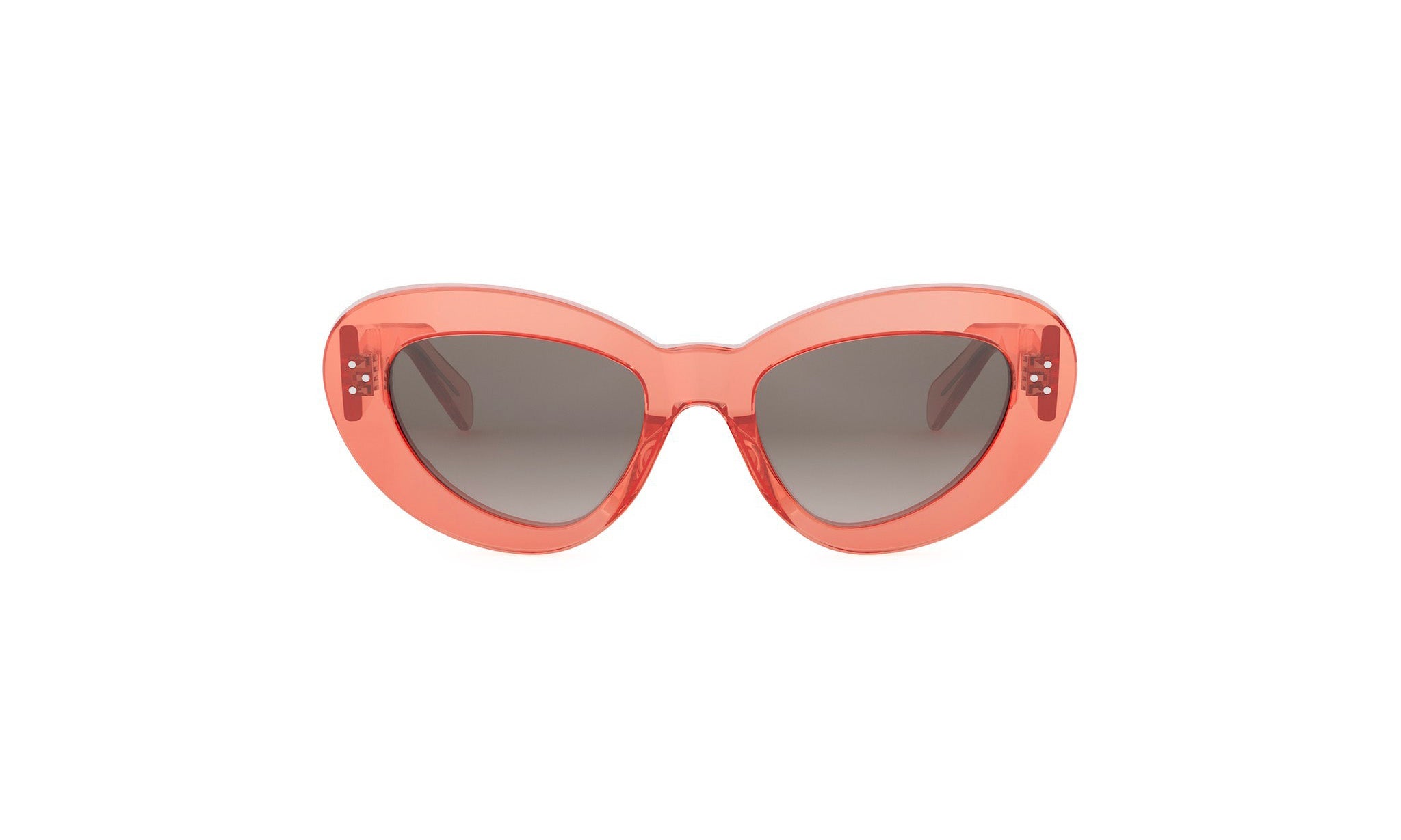 A pair of red, cat-eye-shaped sunglasses with dark lenses.