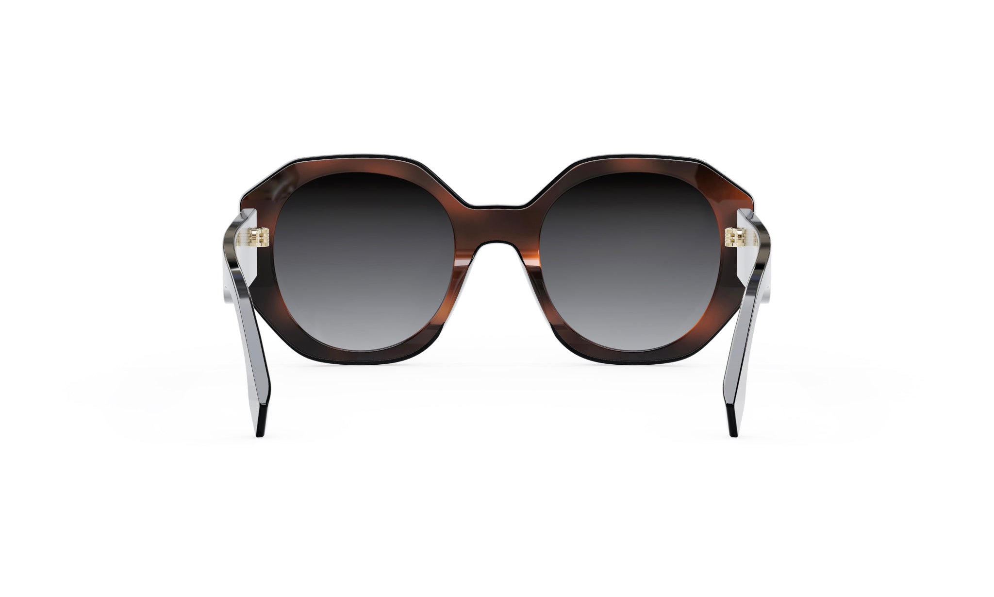 A pair of brown sunglasses with a dark frame and a lighter frame, featuring a dark lens and a lighter lens.