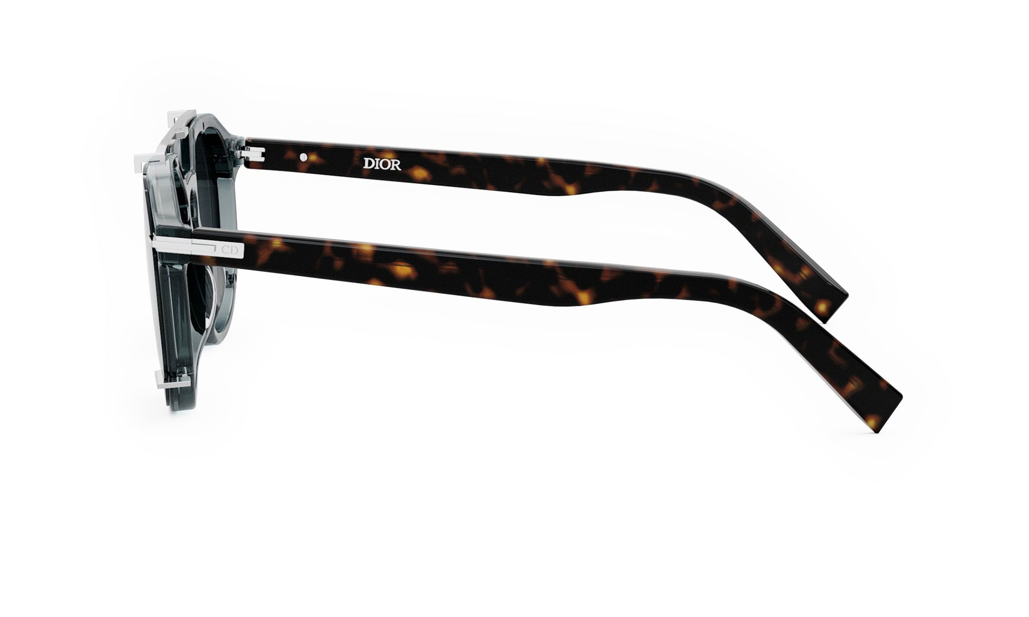 A pair of sunglasses with a tortoiseshell frame and dark lenses.