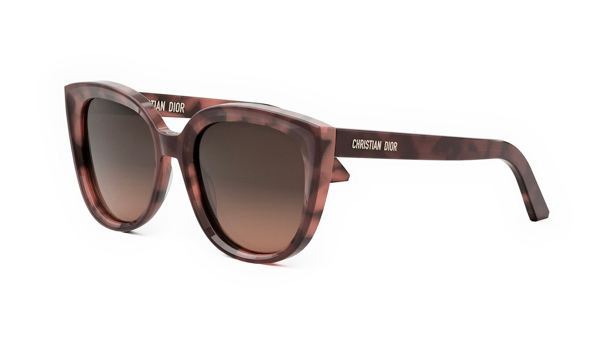 A pair of brown cat-eye sunglasses with the brand name "CHRISTIAN DOR" printed on the frame.