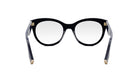 A pair of black-framed glasses with a white lens, positioned facing forward against a white background.