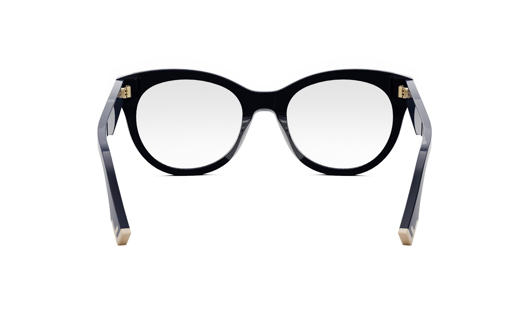 A pair of black-framed glasses with a white lens, positioned facing forward against a white background.