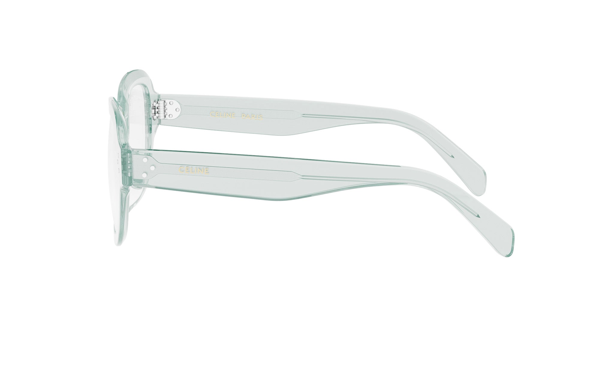 A pair of clear, light-colored sunglasses with the brand name "Celine" printed on them.