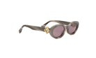 A pair of stylish sunglasses with a dark gray frame and purple lenses.
