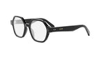 A pair of black-framed glasses with a Celine logo on the temples.