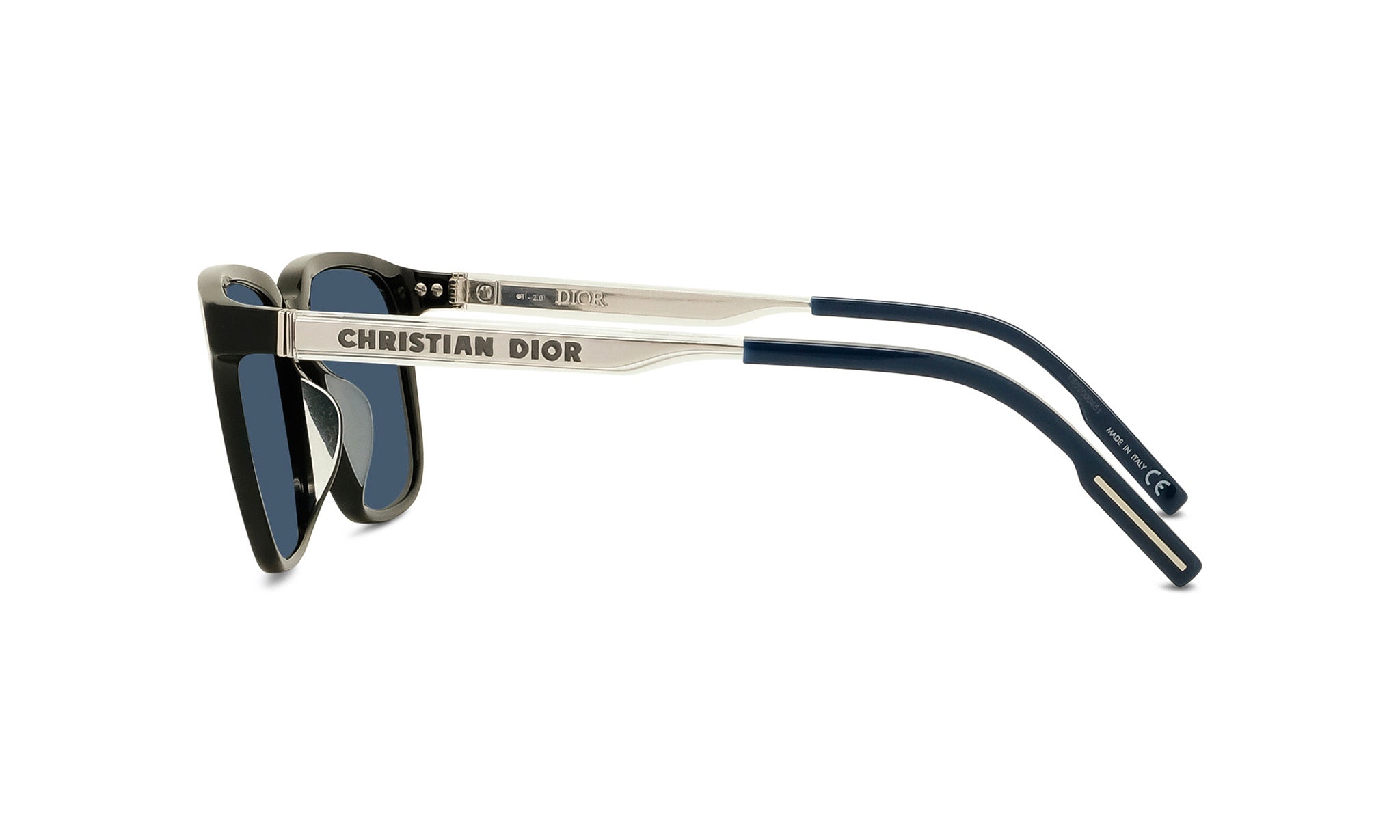 A pair of black sunglasses with a silver frame and the logo "CHRISTIAN DIOR" printed on the frame.