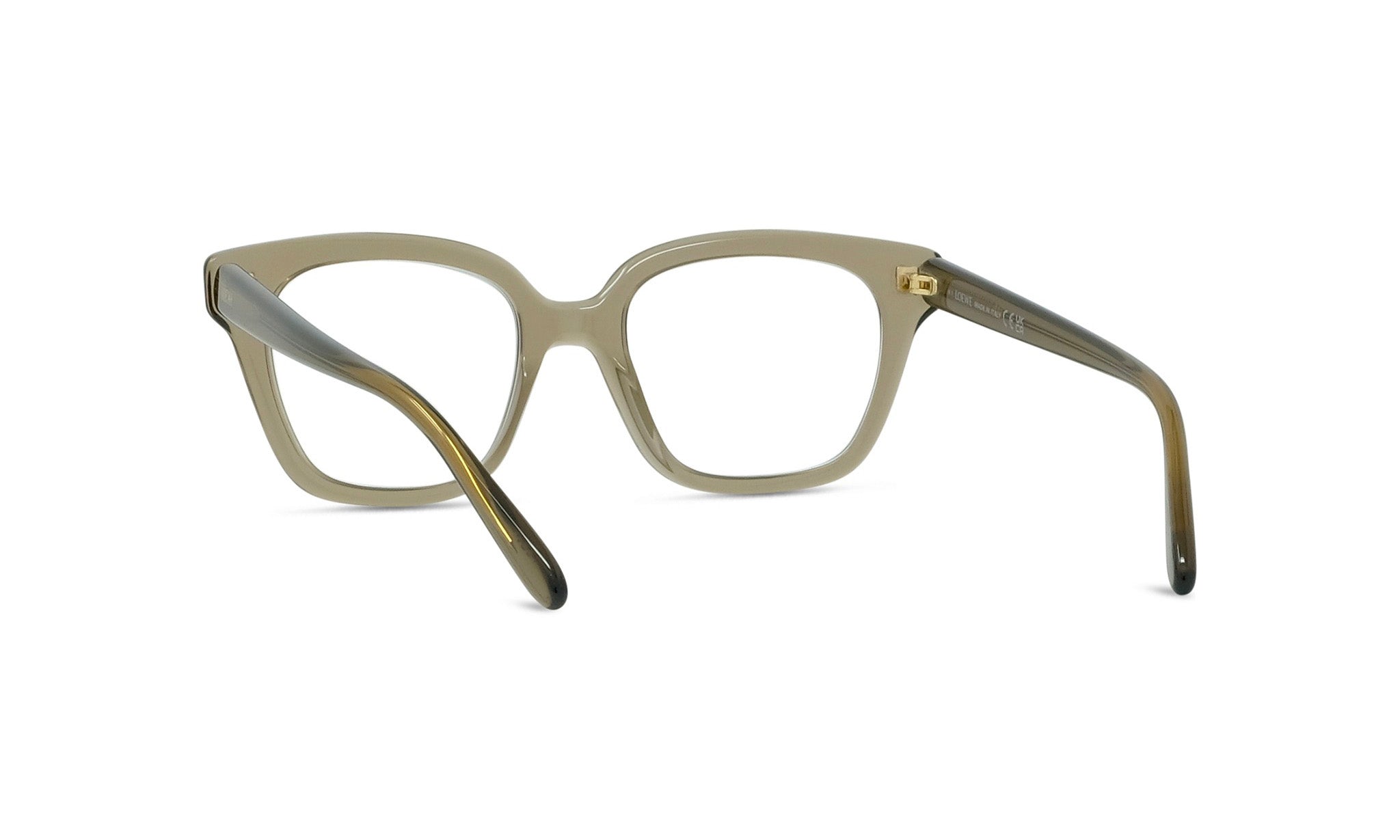 A pair of brown-framed glasses with a square frame, positioned facing towards the viewer.