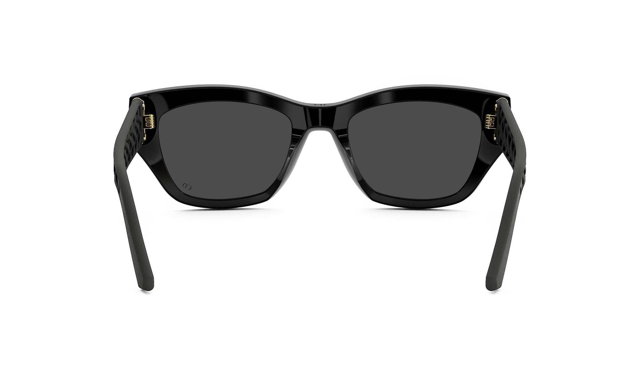 A pair of black sunglasses with dark lenses.