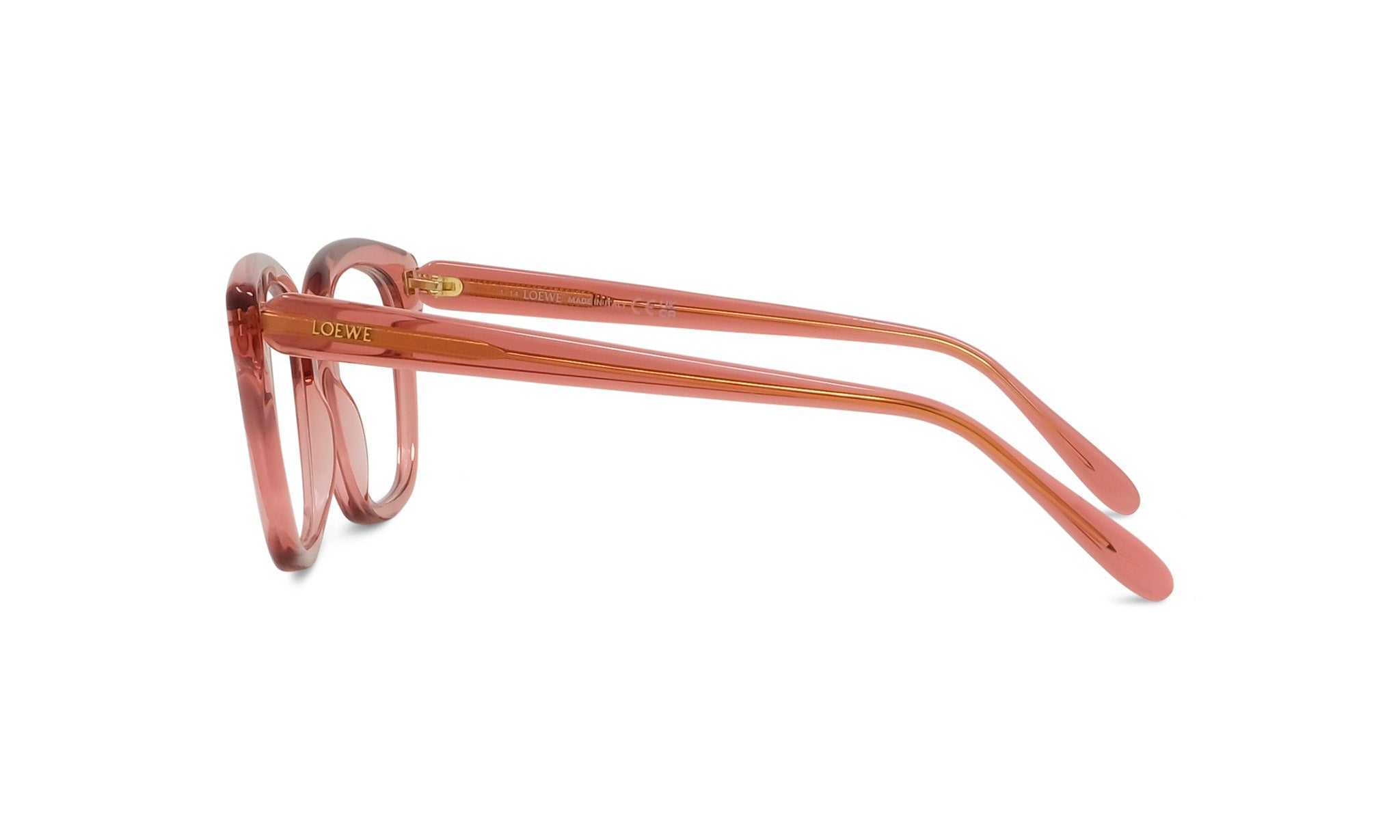 A pair of pink-tinted eyeglasses with the LEOE brand name visible on the temples.