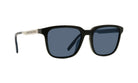 A pair of black sunglasses with dark blue lenses.