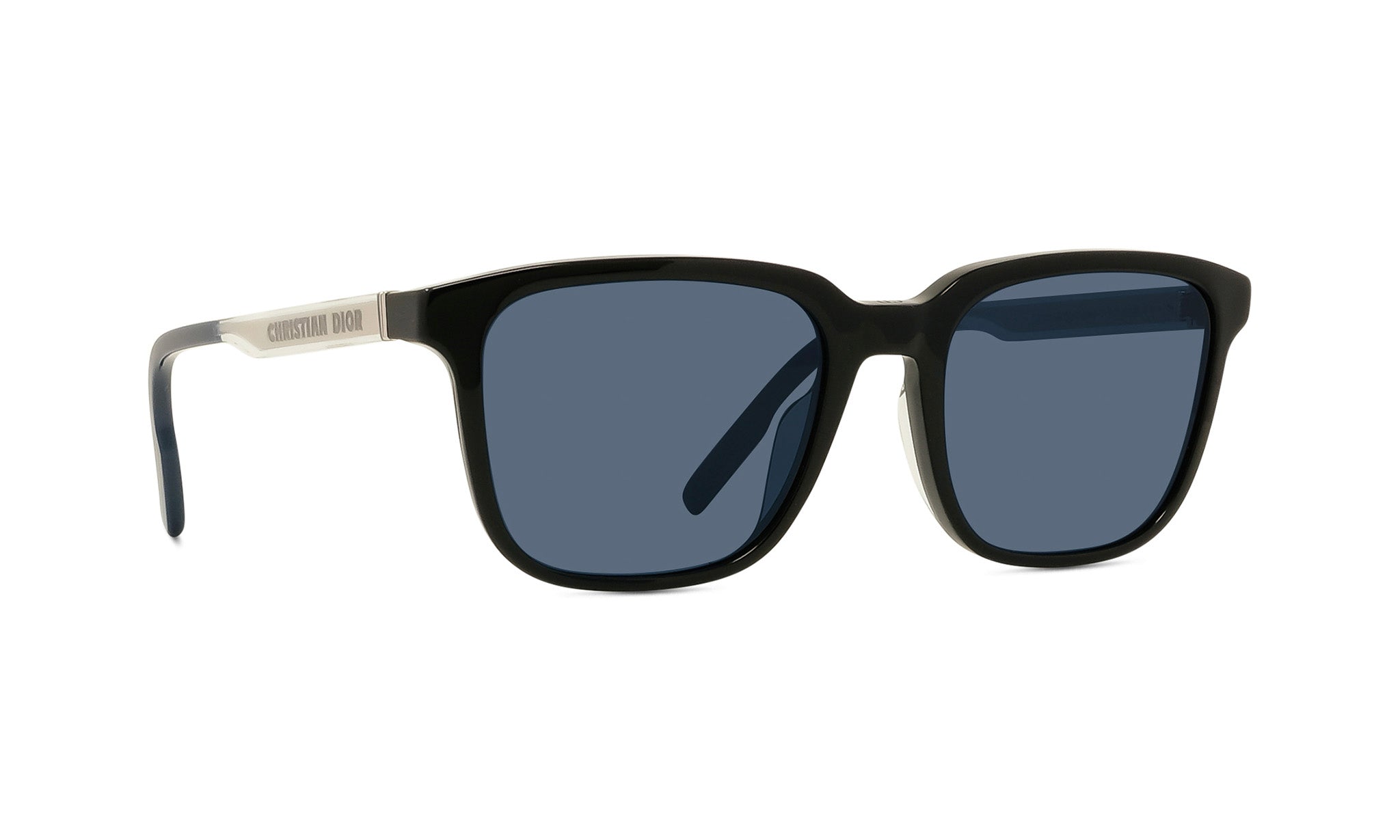 A pair of black sunglasses with dark blue lenses.