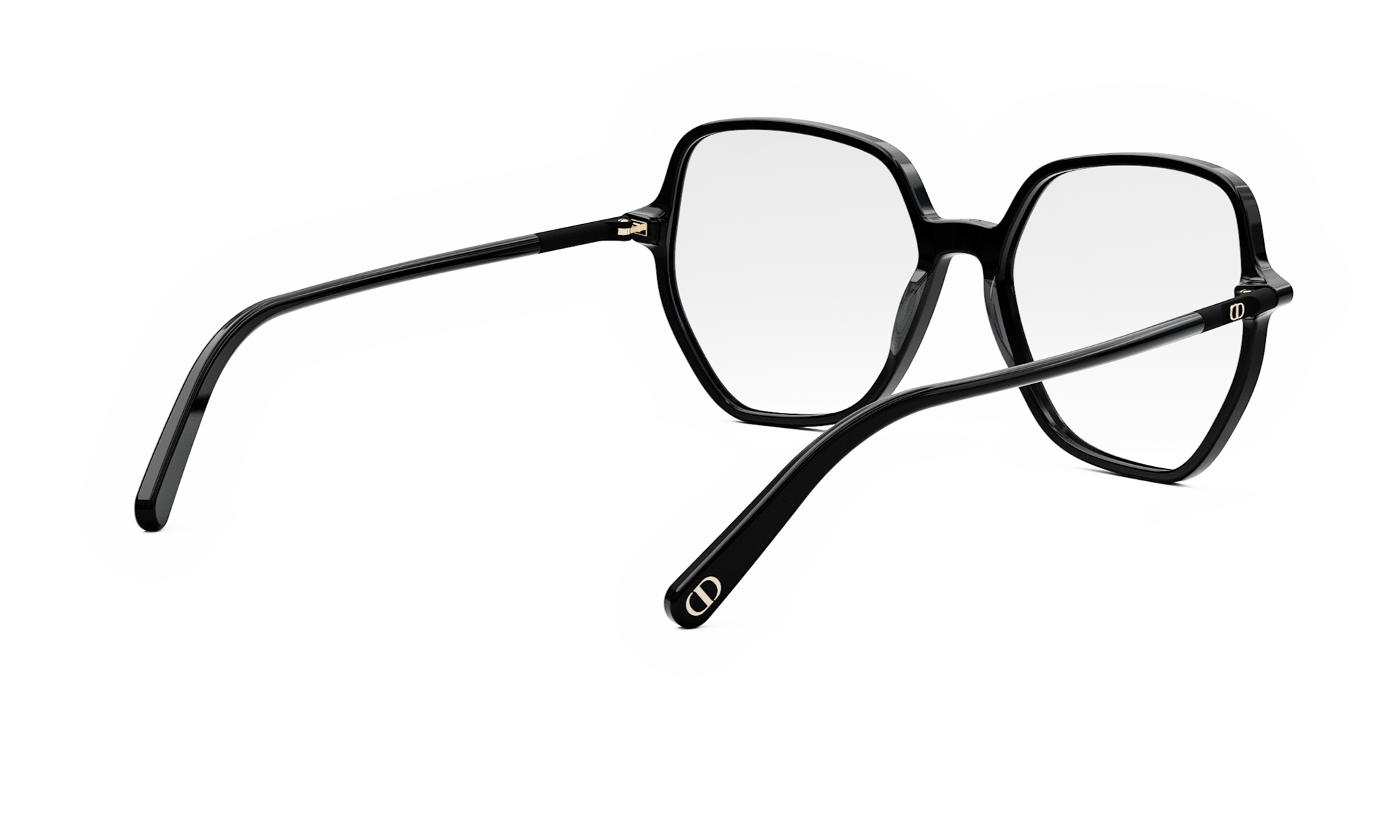 A pair of black-framed glasses with a clear lens, positioned on a white background.