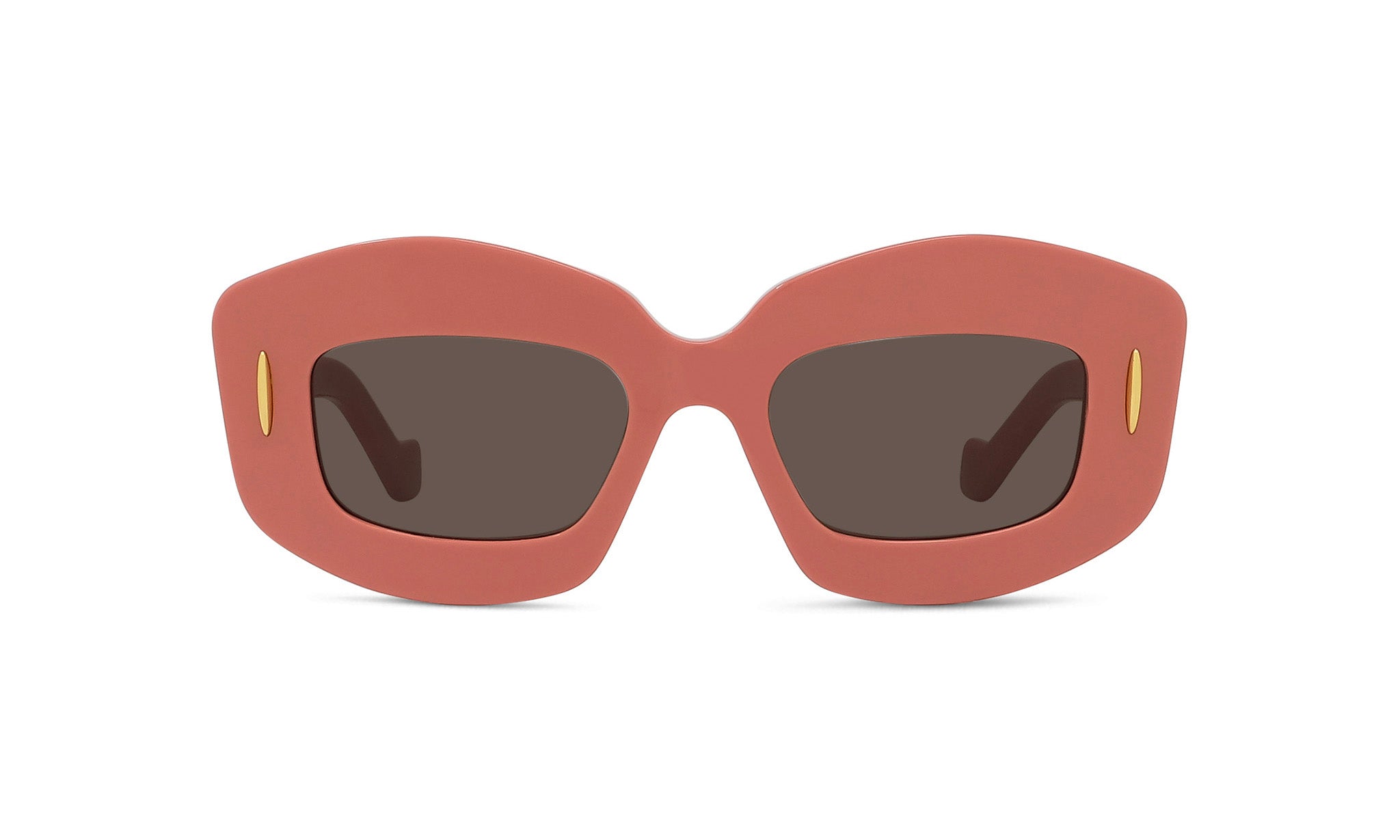 A pair of pink-framed sunglasses with dark lenses.