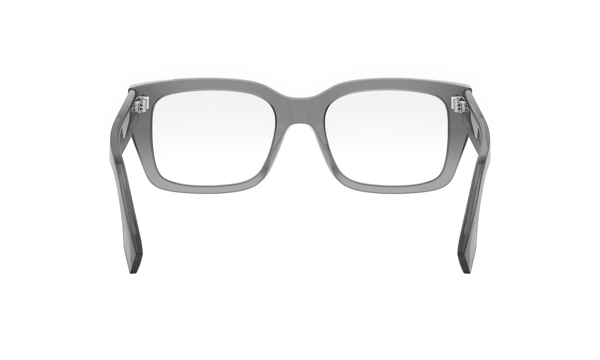 A pair of gray-framed glasses with a sleek, modern design.