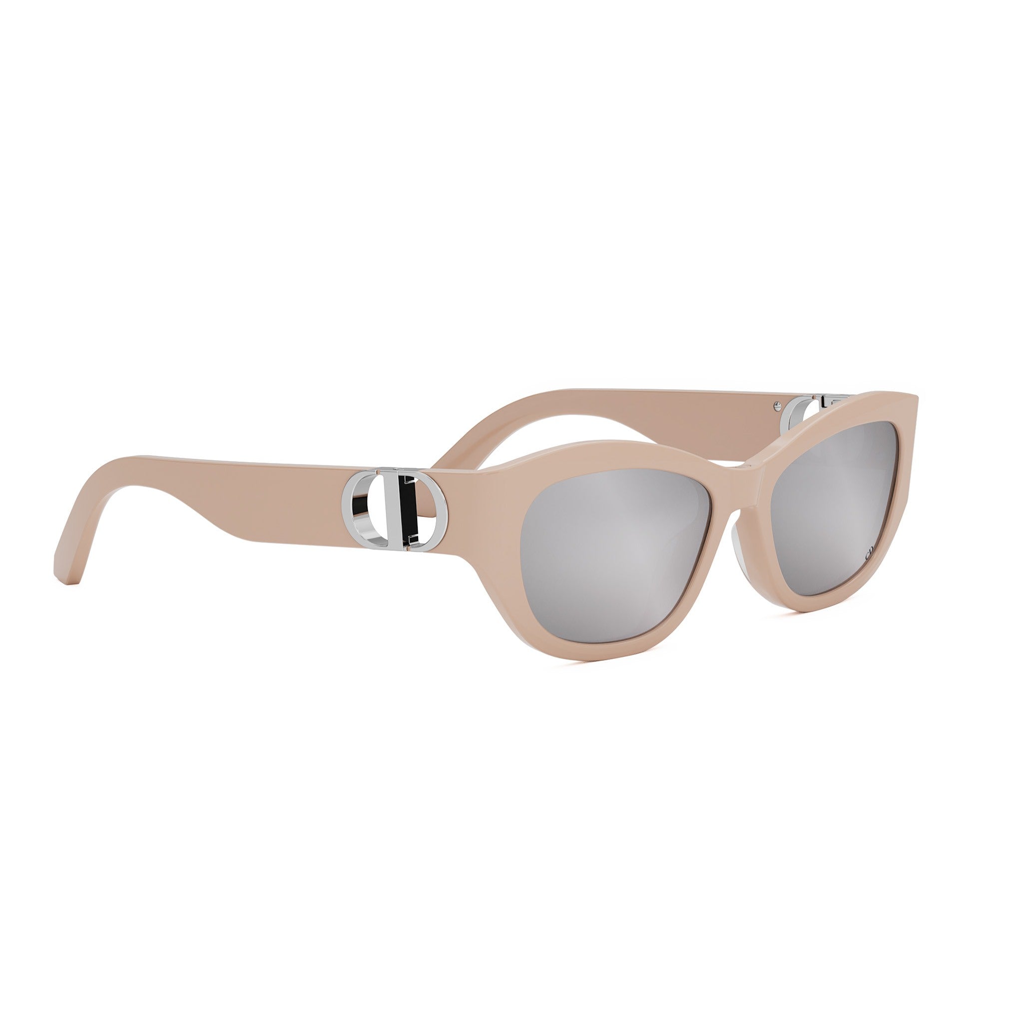 A pair of beige-colored sunglasses with a silver buckle detail.