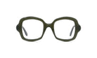 A pair of dark green-framed glasses with clear lenses.