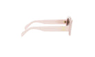 A pair of pink sunglasses with a gold logo on the frame.