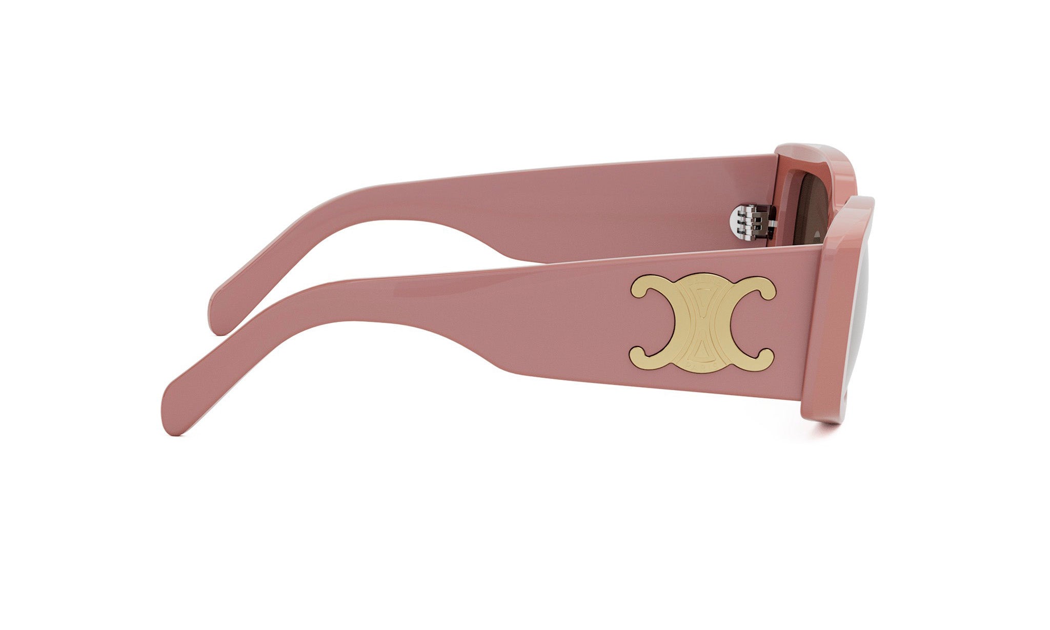 A pair of pink sunglasses with a gold C logo on the frame.
