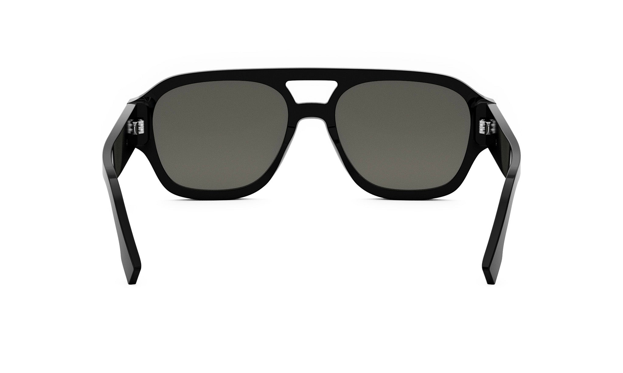 A pair of black sunglasses with dark lenses.