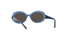 A pair of blue-tinted sunglasses with dark lenses, positioned facing forward.