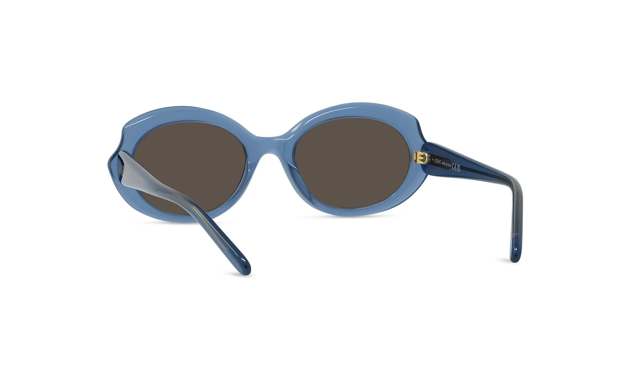 A pair of blue-tinted sunglasses with dark lenses, positioned facing forward.