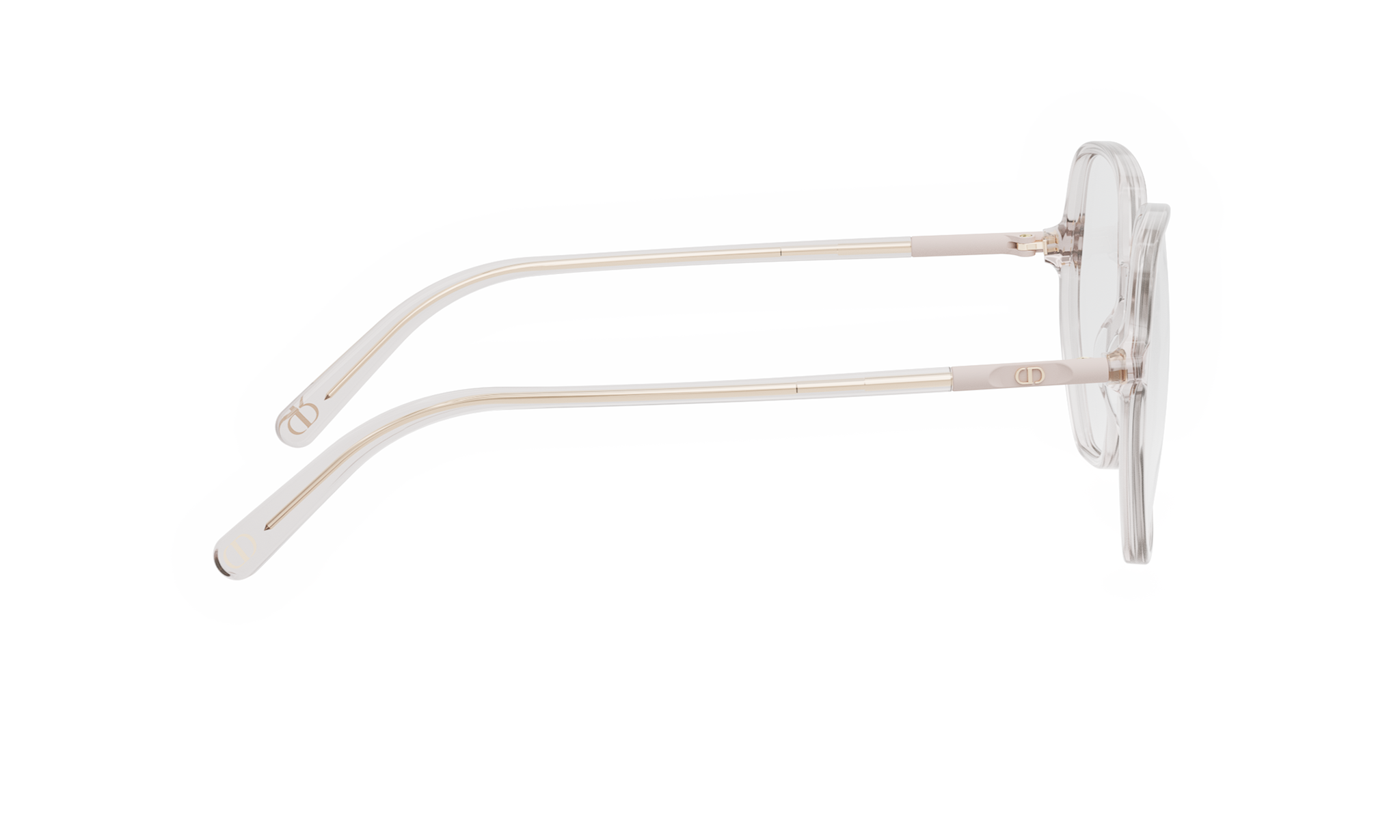 A pair of clear, round-framed glasses with a thin, white frame.