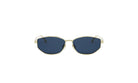 A pair of gold-framed sunglasses with dark blue lenses.