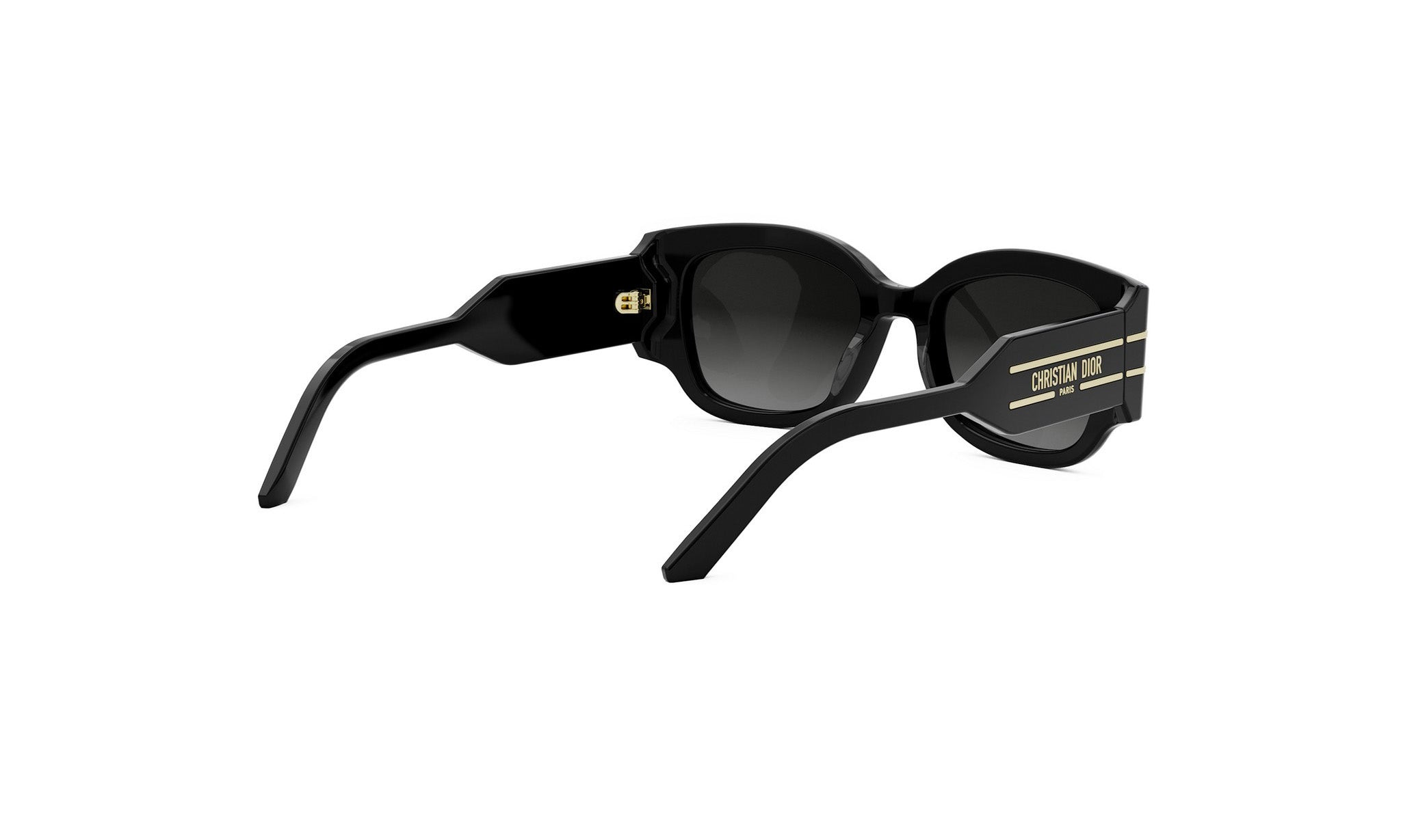 A pair of black sunglasses with gold accents, featuring a distinctive design.
