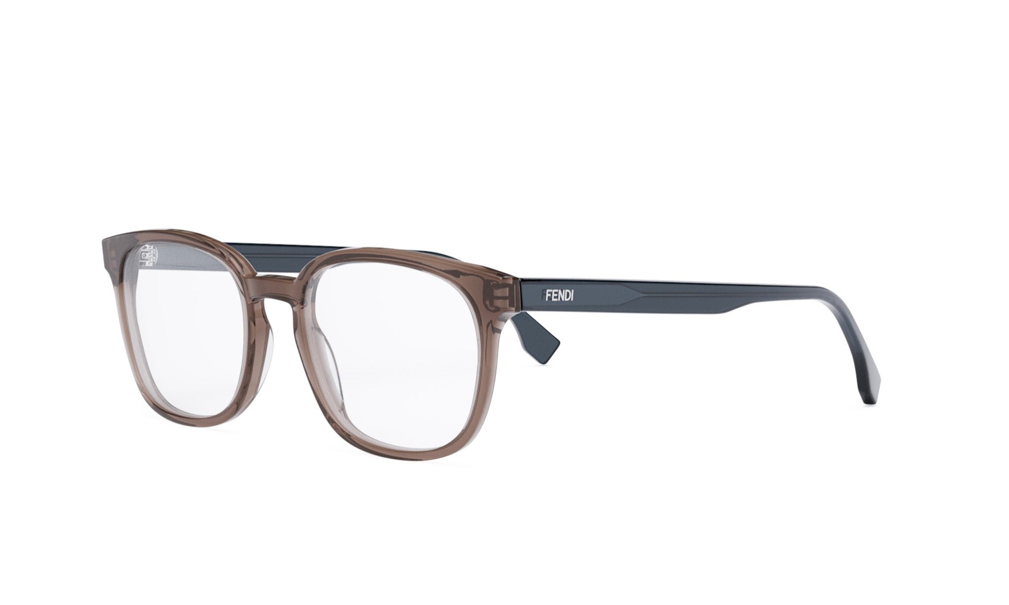 A pair of brown-framed glasses with a black frame, featuring the Fendi logo on the temple.