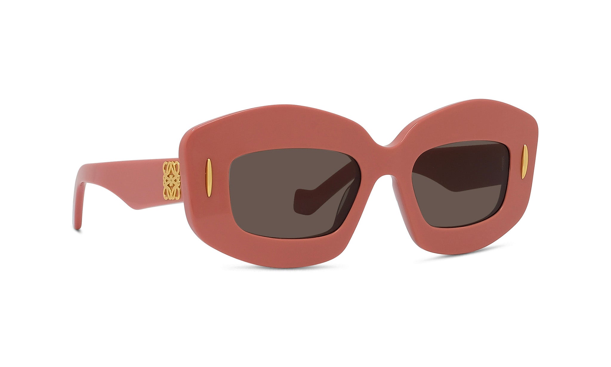A pair of pink sunglasses with dark lenses.