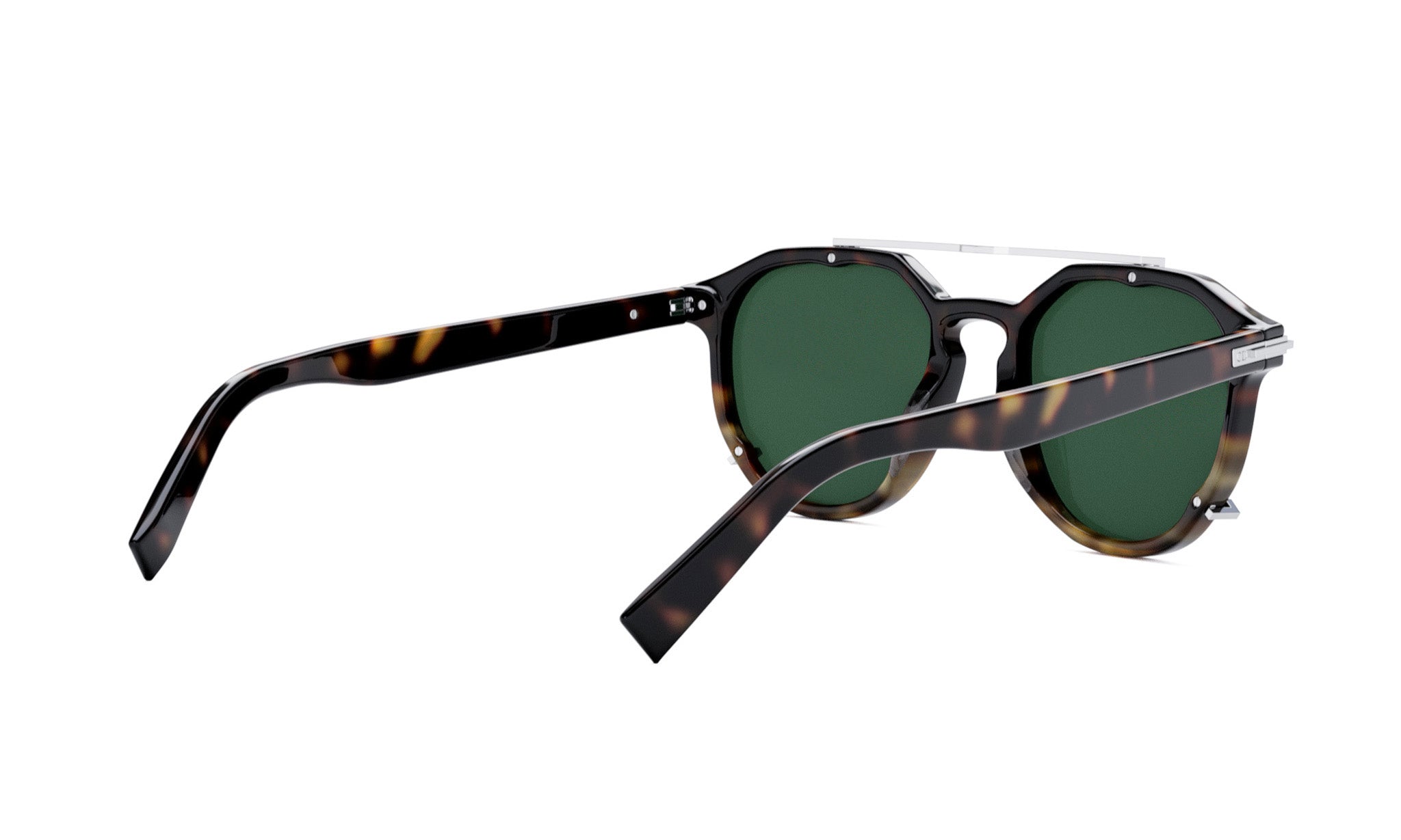 A pair of sunglasses with dark green lenses and a dark brown frame.