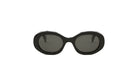 A pair of black sunglasses with dark lenses.