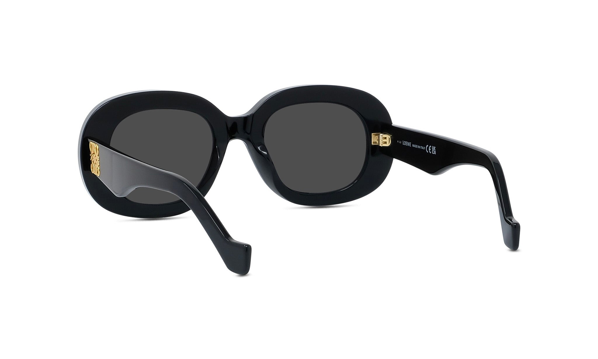 A pair of black sunglasses with gold accents.