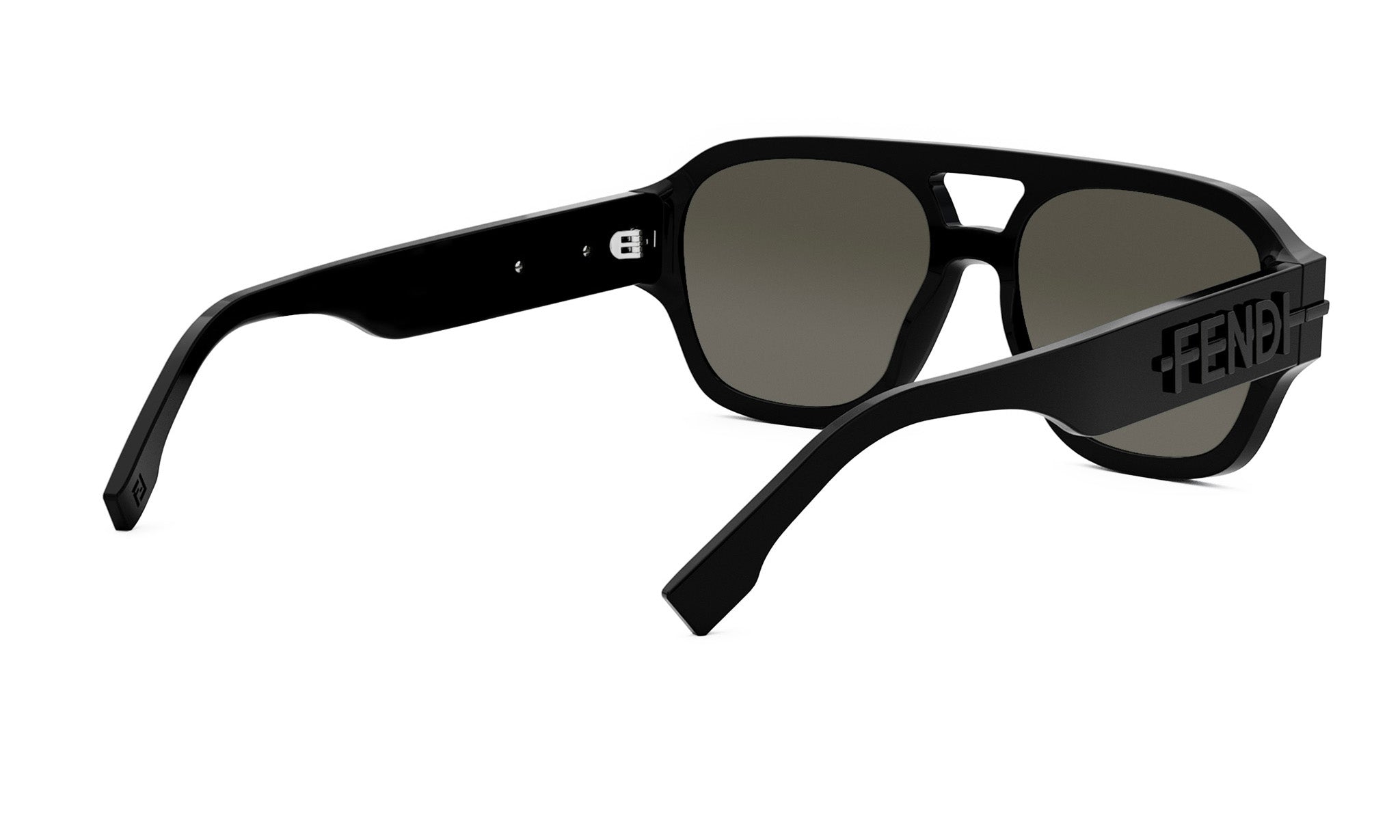 A pair of black sunglasses with the Fendi logo prominently displayed on the frame.