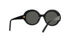 A pair of black round sunglasses with dark lenses.