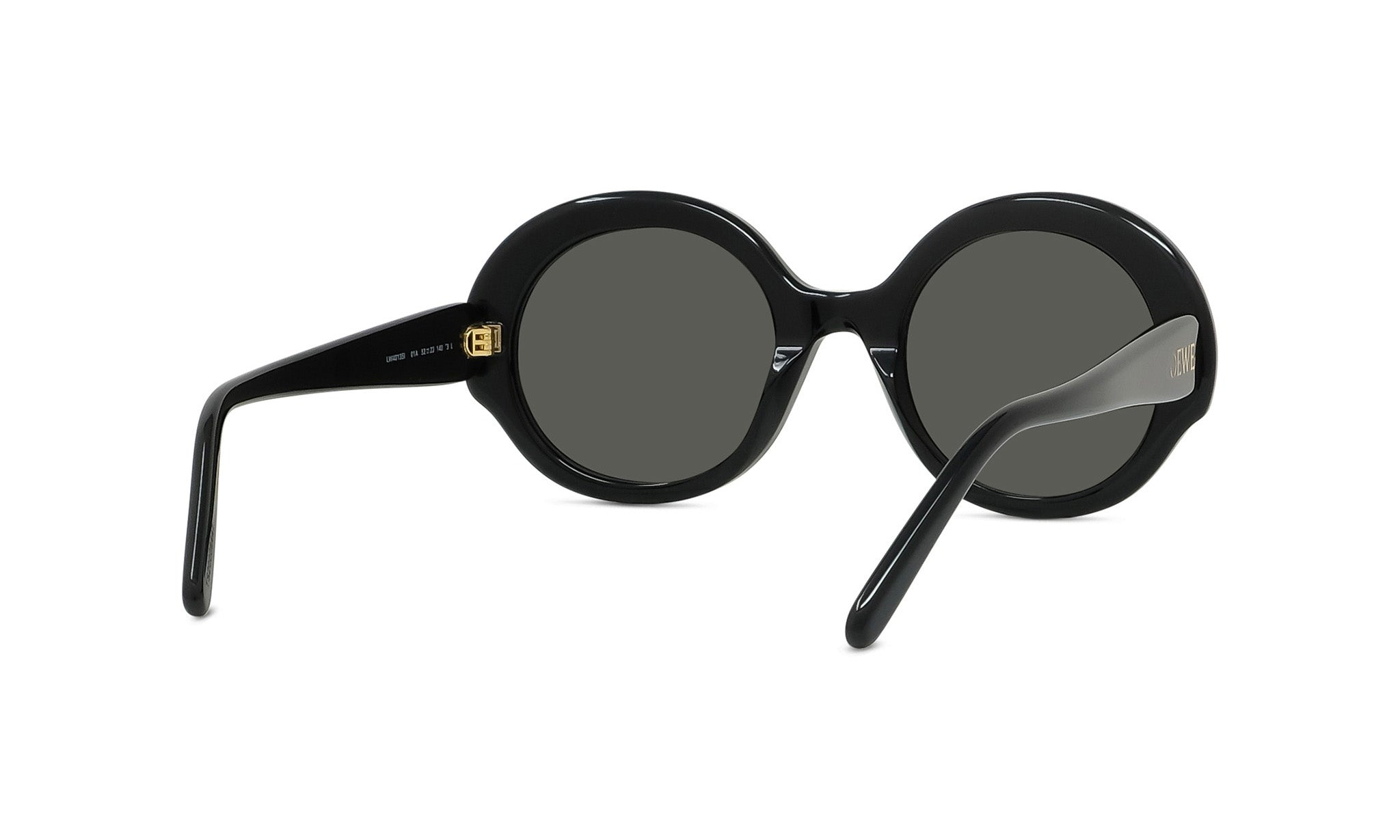A pair of black round sunglasses with dark lenses.