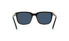 A pair of black sunglasses with dark blue lenses.