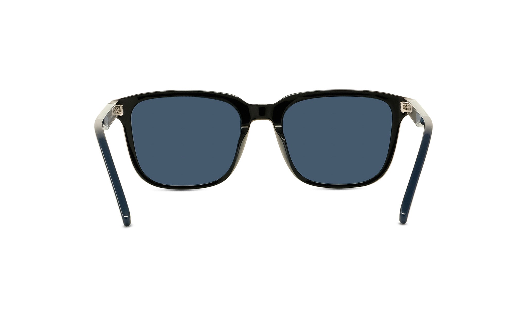A pair of black sunglasses with dark blue lenses.