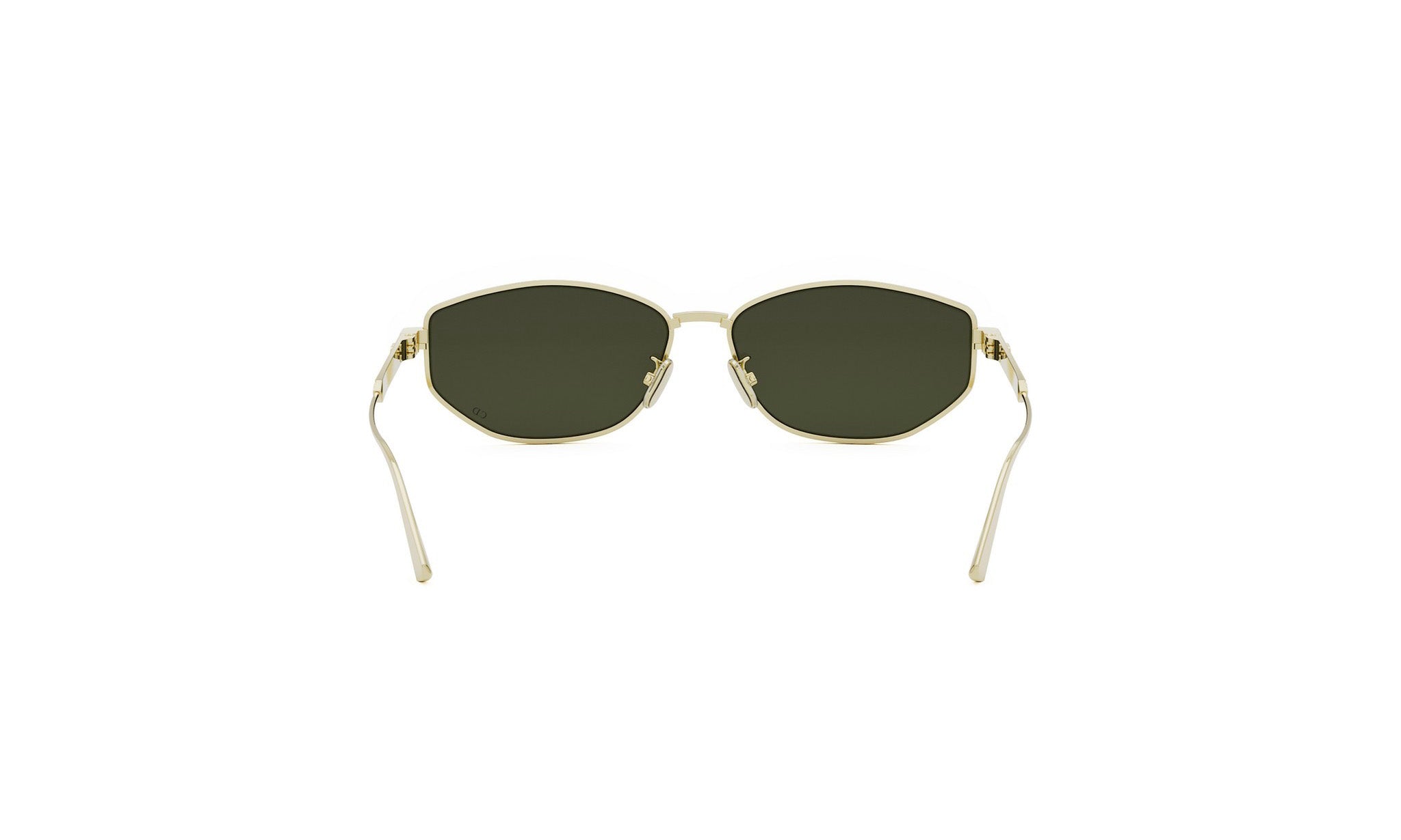 A pair of gold-colored sunglasses with dark green lenses.