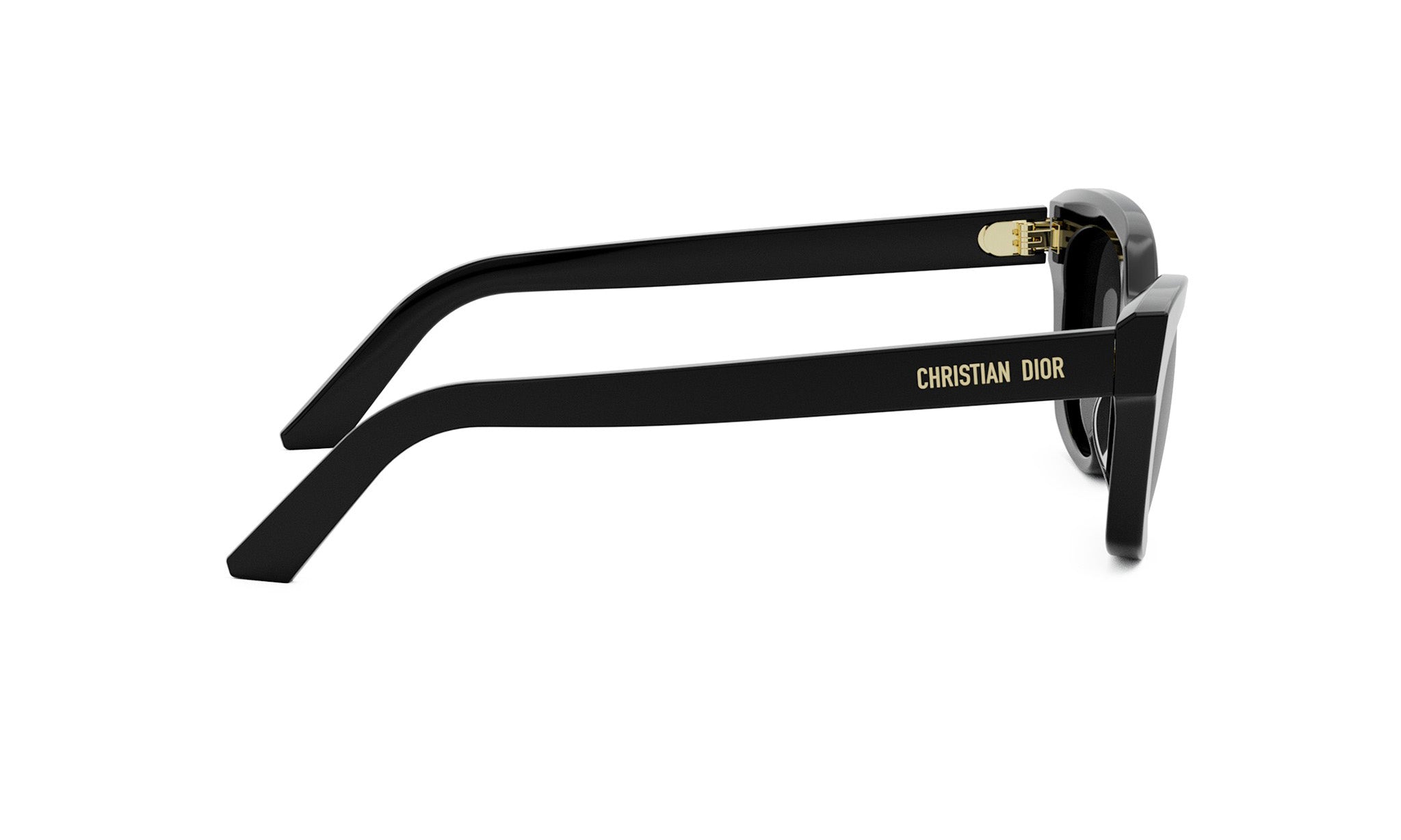 A pair of black Christian Dior sunglasses with gold accents.