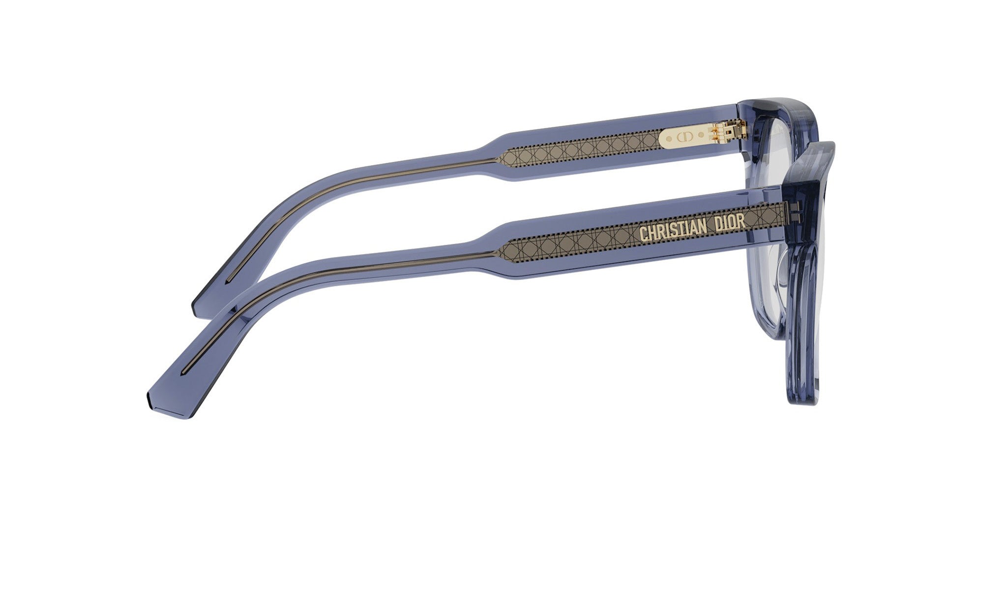 A pair of blue Christian Dior glasses with gold accents.