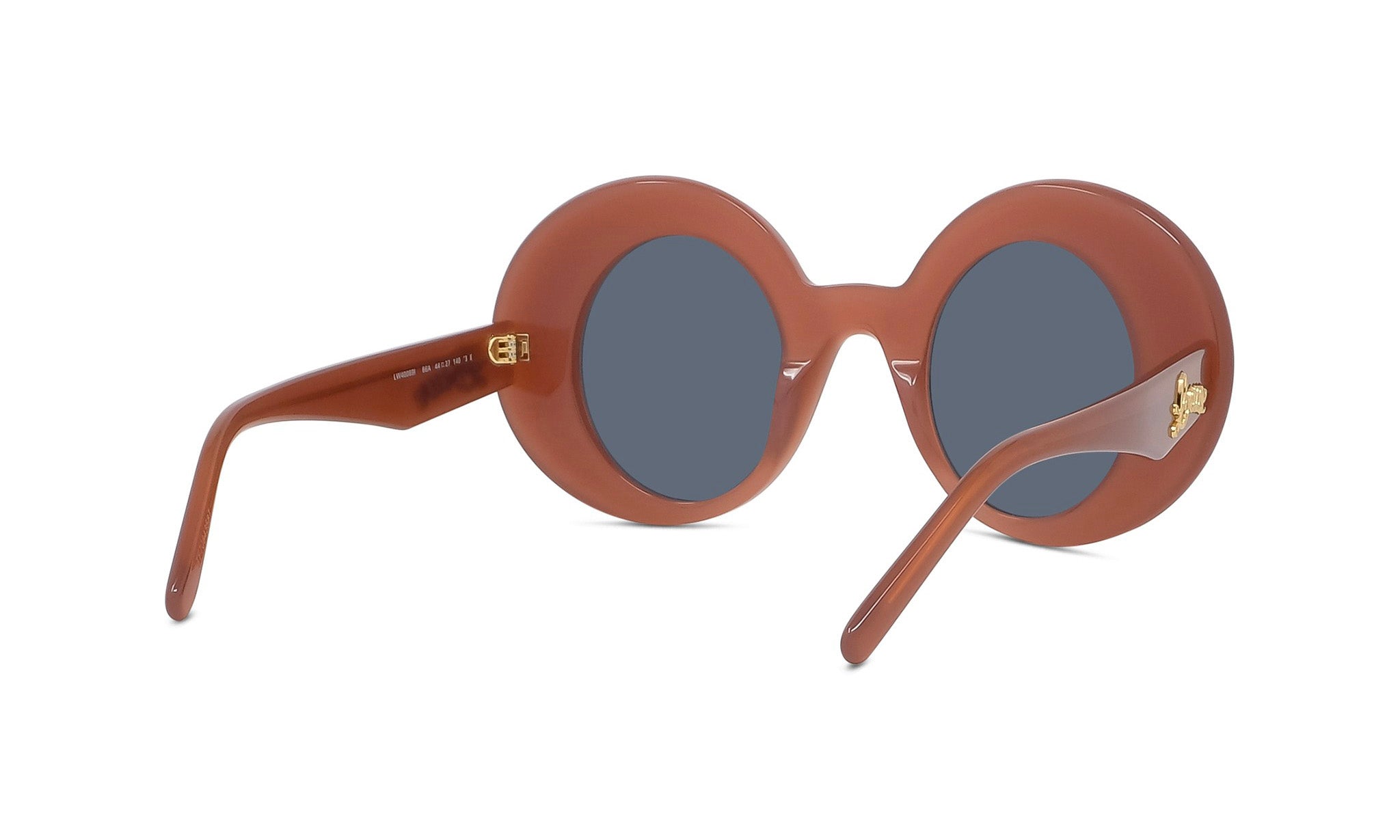A pair of brown, round sunglasses with dark blue lenses.
