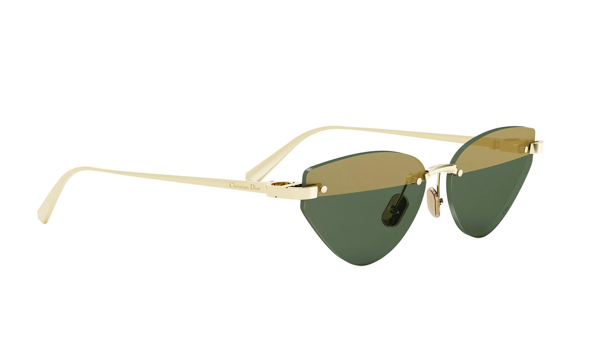 A pair of gold-framed sunglasses with green lenses.