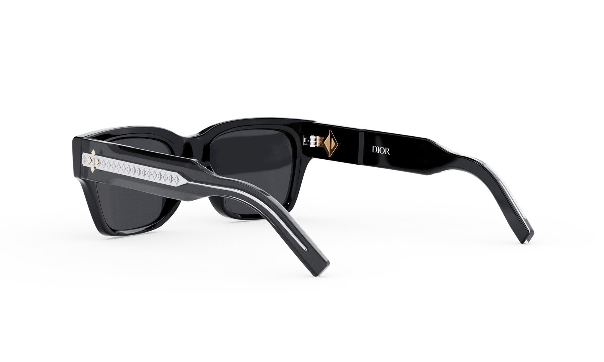 A pair of black sunglasses with a silver frame and the Dior logo visible on the frame.