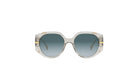 A pair of stylish sunglasses with a clear frame and dark lenses.