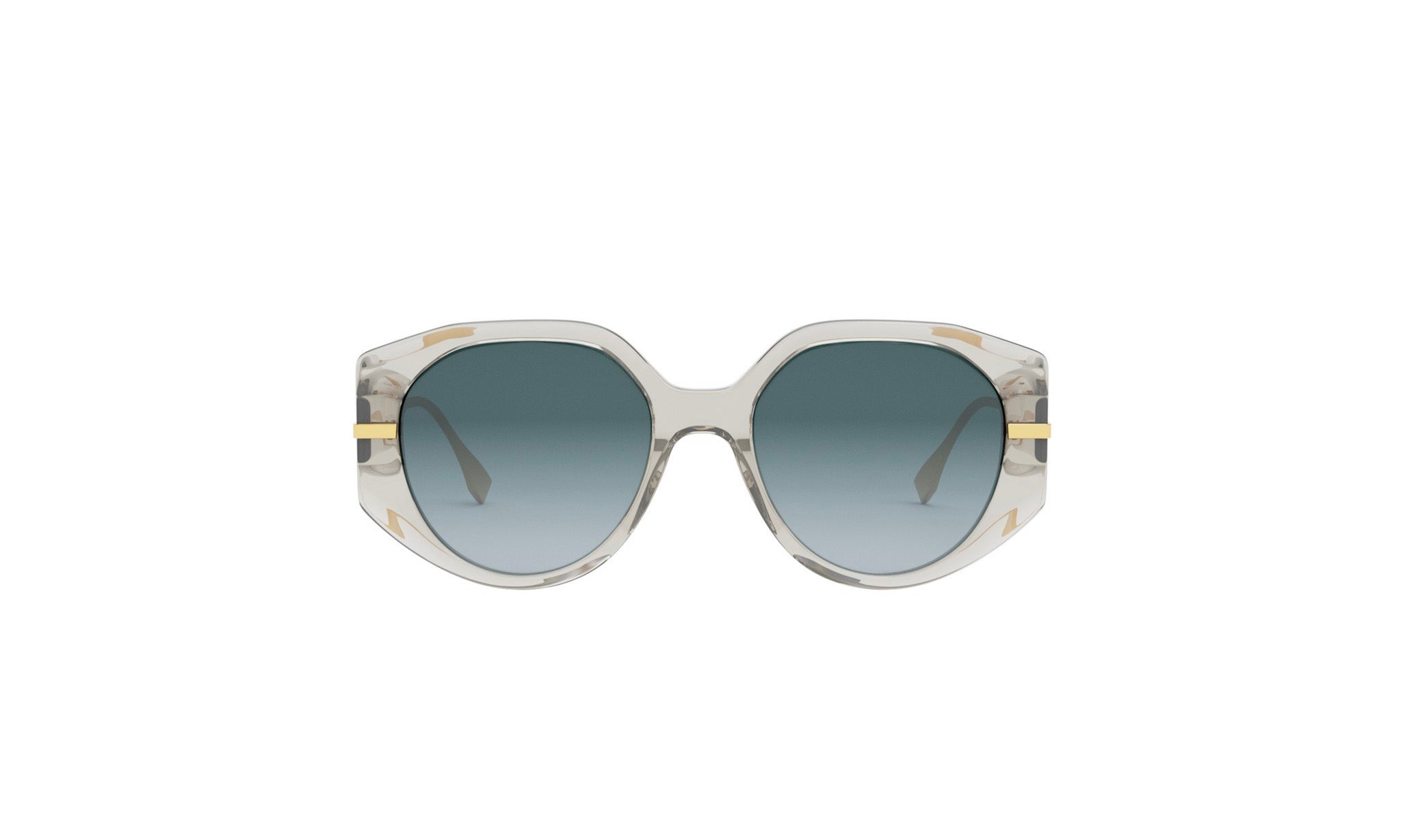 A pair of stylish sunglasses with a clear frame and dark lenses.