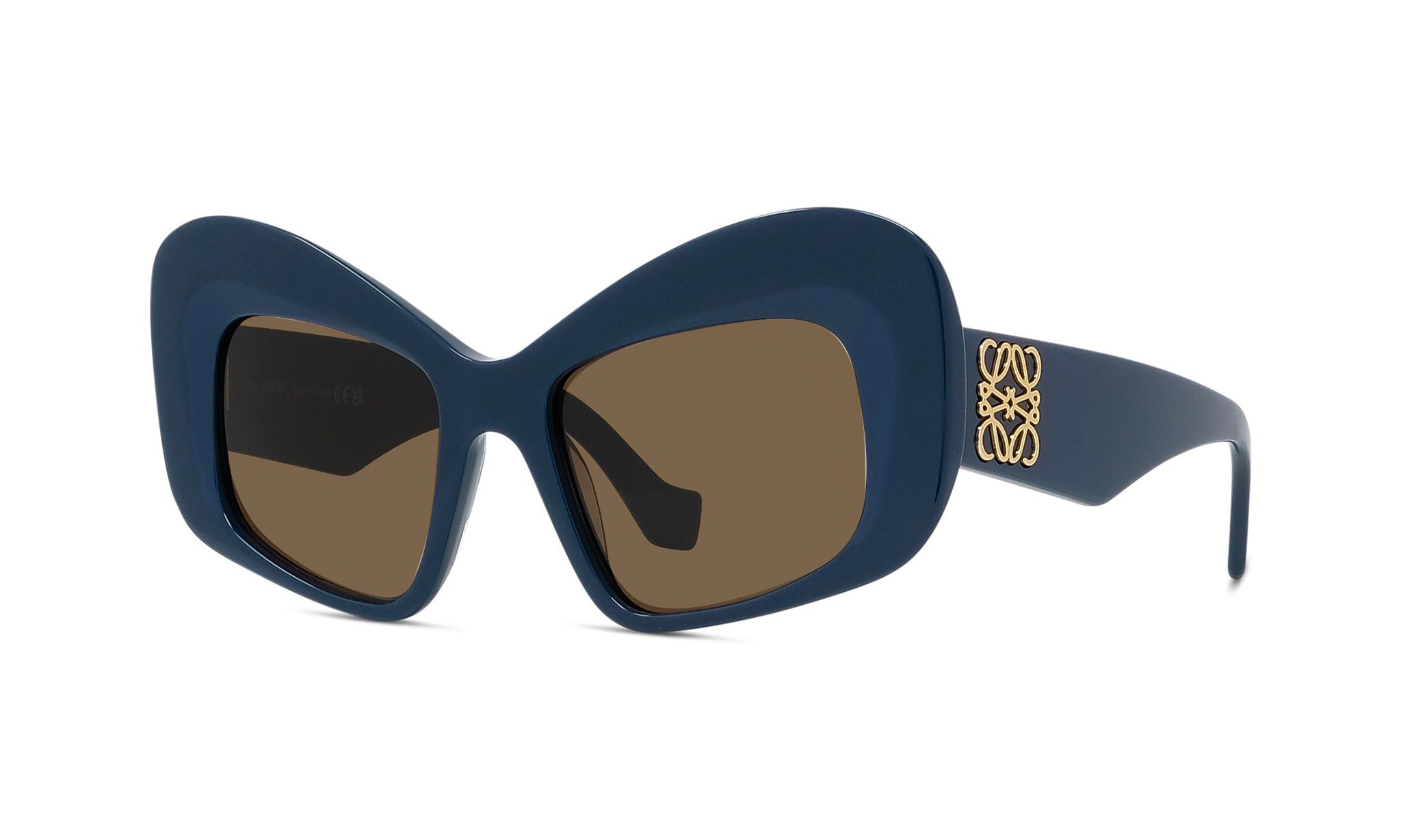 A pair of stylish blue sunglasses with a gold logo on the frame.